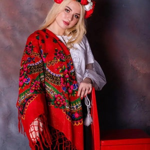 Large 47"x47"  Classic Red Ukrainian Shawl, Traditional Ukrainian Decoration, Babushka Scarf, Floral Slavic Shawl with Tassels
