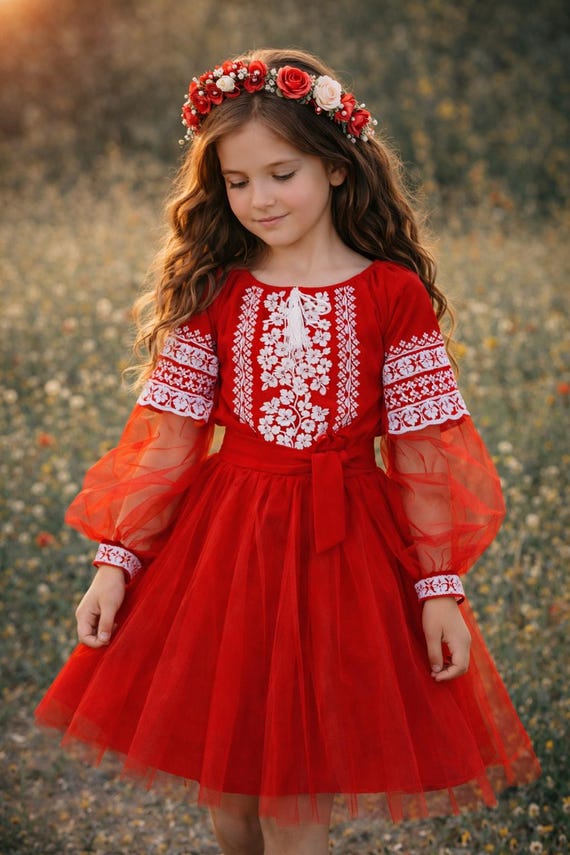 Festive Ukrainian Red Folk Dress with Traditional Geometric Embroidery 14 Festive Ukrainian Red Folk Dress with Traditional Geometric Embroidery 14