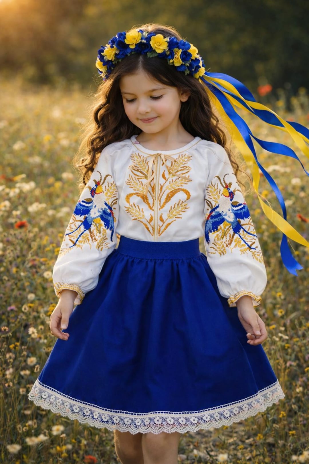 National Traditional Ukrainian Folk Costume for Girls in Blue Yellow 3
