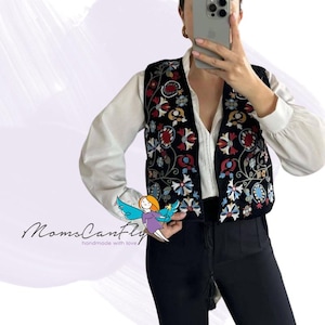 Black Folk Embroidered Vest with Floral Pattern, Ukrainian Style Microvelour Gilet with Satin Lining