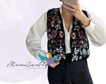 Schwarze Velour bestickte Weste mit Folk Blumenmuster, Satinfutter
