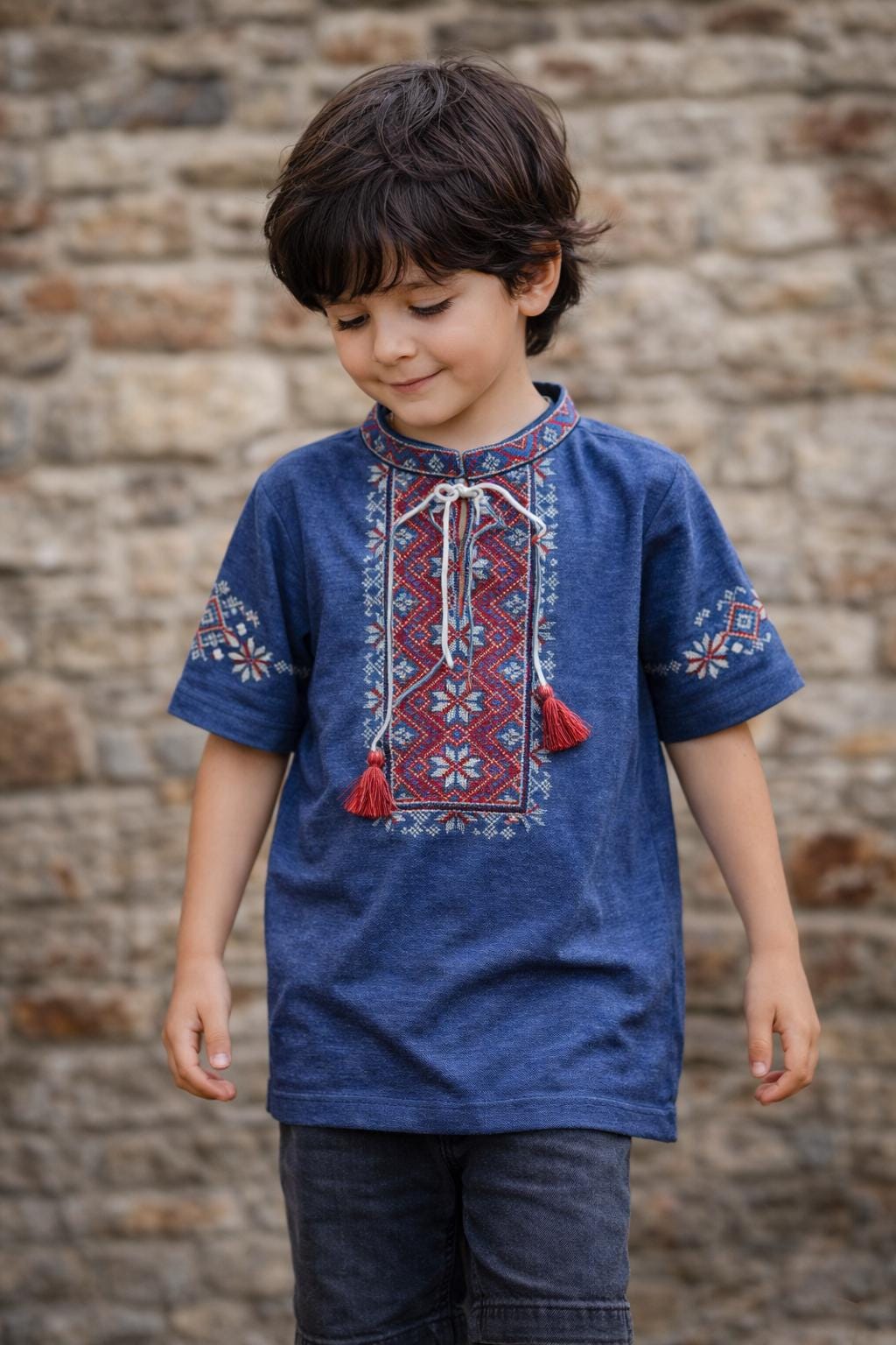 2-12YO Ukrainian Boys Blue T-shirt With Embroidery, Blue Cotton