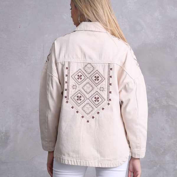 Embroidered White Boho Denim Jacket Shirt for Women, High Quality Denim Outware Jacket with Modern Embroidery