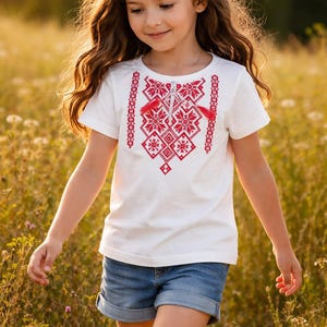 2-12YO Traditional Folk Ukrainian Cotton T-Shirt for Girls with Embroidered Geometricl Pattern