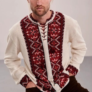 S-4XL Modern Embroidered Knitted Ukrainian Shirt for Men, Knitted Vyshyvanka with Red Embroidery, Vyshyvanka Shirt for Man