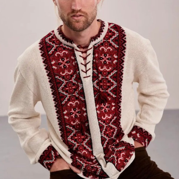 S-4XL Modern Embroidered Knitted Ukrainian Shirt for Men, Knitted Vyshyvanka with Red Embroidery, Vyshyvanka Shirt for Man