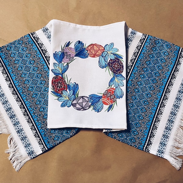 Ukrainian Blue Easter Towel, Ukrainian Easter Ryshnyk, Ukrainian Embroidered Easter Basket Cover, Ukrainian Gift Rushnyk