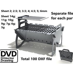 Könnte beinhalten: Ein grauer Metallgrill mit Rost und kleinem Regal. Das Bild enthält Text, der darauf hinweist, dass der Grill aus verschiedenen Blechstärken und -gewichten besteht und als separate DXF-Dateien verfügbar ist. Das Logo von DiVector Drawing ist ebenfalls vorhanden.