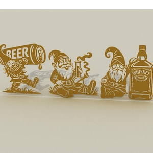 May include: Four golden gnomes, each holding a different beverage. The first gnome holds a can of beer labelled "BEER". The second gnome holds a bong. The third gnome holds a bottle of whiskey labelled "WHISKEY NO.2". The fourth gnome is holding a glass of beer.