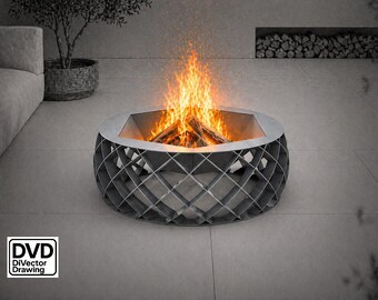 Archivo DXF de gran fogata para corte CNC, brasero de acero con celosía curva y forma hacia afuera, plano de chimenea exterior moderna, fogata cortada con láser.