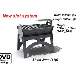 May include: A black metal barbecue grill with a new slot system design. The grill is 329mm wide, 587mm long, and has a height between 517mm and 617mm. The sheet metal is 3mm thick. The image also includes the text "New slot system".