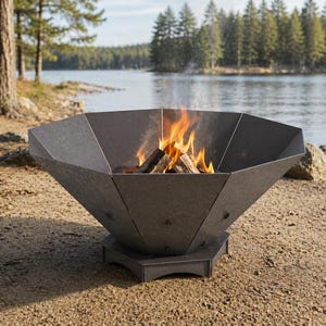 May include: A dark gray, geometric fire pit with a burning fire inside. The fire pit is made of metal and sits on a low, octagonal base. The background shows a lake and trees.