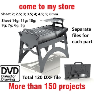 May include: A gray, laser-cut barbecue grill design with a folding design, and a separate shelf. The image includes text that says "come to my store", "Ready to cut", and "More than 150 projects".