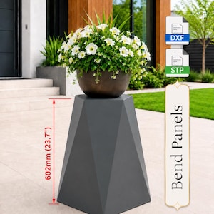 May include: A dark grey geometric pedestal with a height of 602mm, topped with a round dark brown planter filled with white petunia flowers and green foliage. The image includes icons for DXF and STP files and the text Bend Panels.