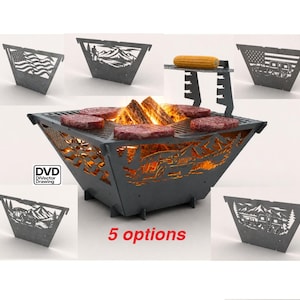 May include: A metal fire pit with a grill, featuring a geometric design and cut-out landscape scenes. The fire pit holds burning wood and raw hamburger patties. The text "5 options" is visible. Additional decorative panels with various designs are included.