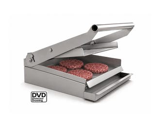 May include: A stainless steel burger press with a handle and a tray. Four raw burger patties are visible on the lower tray. The press is designed for making uniform burgers.