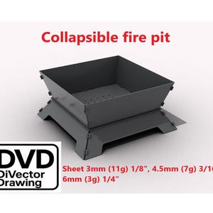 May include: A dark grey, collapsible fire pit. The square fire pit has a base and a top section with a perforated bottom. The text "Collapsible fire pit" is above the fire pit. The image also includes text about the sheet thickness.