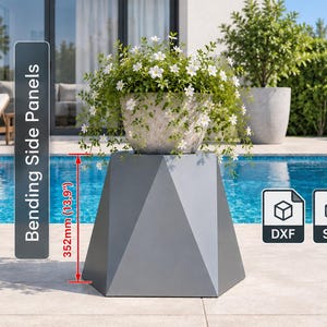 May include: A gray geometric planter with a faceted design, topped with a white flowering plant. A vertical measurement indicator shows a height of 13.9 inches. The text Bending Side Panels is visible, along with DXF and STP file format icons.