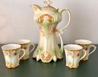 Antique RS Suhl Prussian Chocolate Pot Set - Art Nouveau Poppies