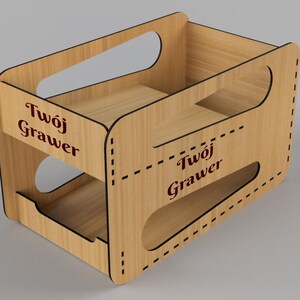 Könnte beinhalten: Ein zweistufiges Holzregal mit schwarzem Rand und dem Text "Twój Grawer" auf jeder Ebene.