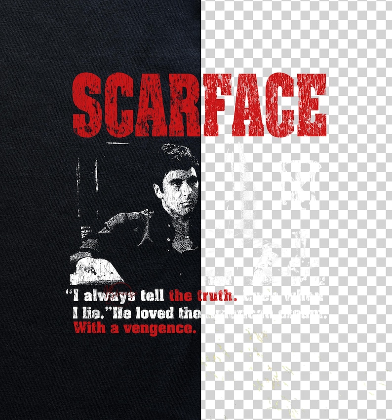 K&ouml;nnte beinhalten: Schwarzes T-Shirt mit dem Wort "SCARFACE" in verwitterter roter Schrift. Darunter ein Schwarz-Wei&szlig;-Bild eines Mannes. Das Zitat "I always tell the truth. I lie. He loved the With a vengence." ist in Wei&szlig; und Rot gedruckt.
