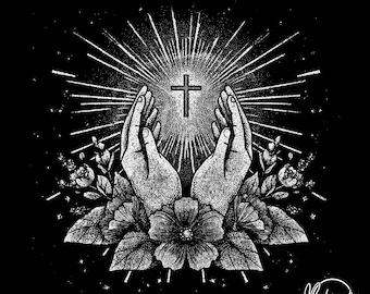 Biddende handen kruis, png, christelijke vintage gravure, geloofsclipart, religieus bloemdessin