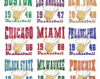 Paquete de archivos SVG de baloncesto vintage, diseños de aros de baloncesto de ciudades como Boston, Los Ángeles, Nueva York, Chicago, Miami y Phoenix (SVG/PNG para Cricut).