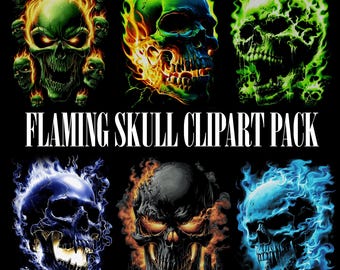 Paquete de imágenes prediseñadas de calaveras en llamas: paquete de calaveras PNG, ilustraciones de calaveras en llamas, arte de tatuajes, gráficos de motociclistas, descarga digital