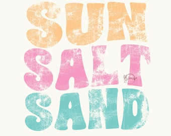 Archivo SVG PNG de arena y sal solar, archivo de corte retro de verano para Cricut, diseño de camiseta para vacaciones en la playa.