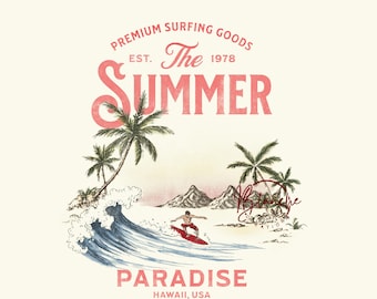 Diseño de camiseta vintage de surf "Paraíso de verano PNG" de Hawái, gráfico de playa retro PNG para Cricut