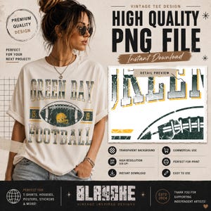 May include: A cream-coloured t-shirt with a distressed "Green Bay Football" design, featuring a football and helmet graphic. The image includes text indicating it's a high-quality PNG file for instant download, suitable for various projects.
