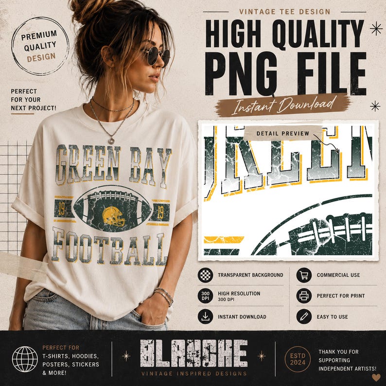 May include: A cream-coloured t-shirt with a distressed "Green Bay Football" design, featuring a football and helmet graphic. The image includes text indicating it's a high-quality PNG file for instant download, suitable for various projects.