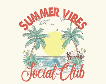 Camiseta con estampado por sublimación "Summer Vibes PNG Social Club Beach Design Tropical Palm Tree Sunset" (Ambiente de verano PNG, Club social, Diseño de playa, Palmera tropical, Puesta de sol)