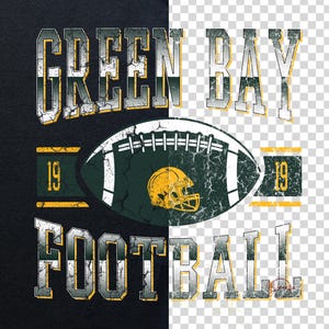 May include: A black t-shirt design with the words "GREEN BAY FOOTBALL" in distressed silver and yellow lettering. A football graphic with a yellow helmet is in the center. The number "19" is on either side of the football.
