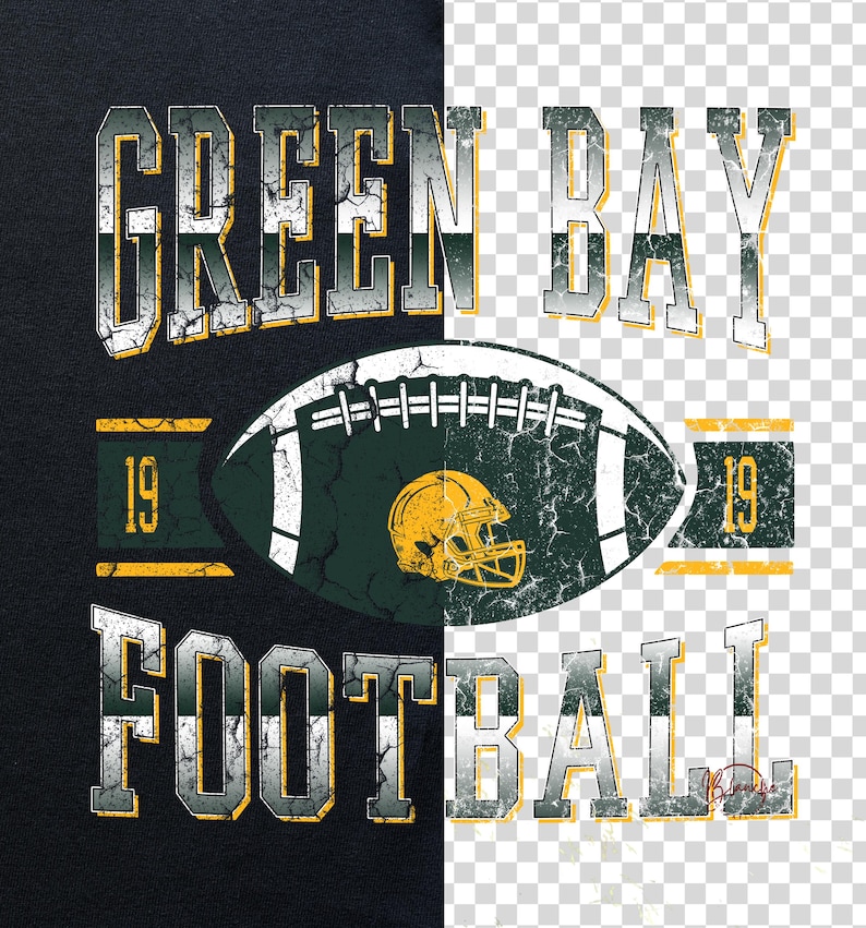 May include: A black t-shirt design with the words "GREEN BAY FOOTBALL" in distressed silver and yellow lettering. A football graphic with a yellow helmet is in the center. The number "19" is on either side of the football.