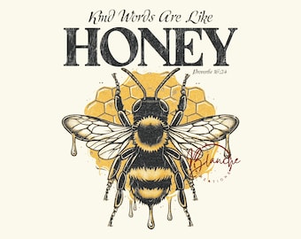Versículo bíblico de la abeja en formato PNG, Proverbios 16:24, diseño, gráfico cristiano vintage, archivo de sublimación.