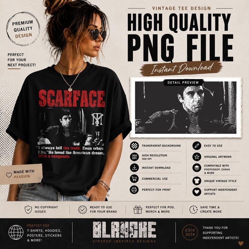 K&ouml;nnte beinhalten: Schwarzes T-Shirt mit dem Wort "SCARFACE" in Rot und einem Schwarz-Wei&szlig;-Bild eines Mannes. Das Shirt enth&auml;lt auch ein Zitat und ein Logo. Das Design ist ein Vintage-T-Shirt-Design, eine hochwertige PNG-Datei.