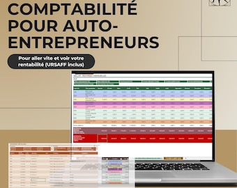 May include: A laptop displaying an Excel spreadsheet for accounting. The screen shows a detailed table with financial data. Text at the top reads "EXCEL DE COMPTABILITÉ POUR AUTO-ENTREPRENEURS". Additional text states "Pour aller vite et voir votre rentabilité (URSAFF inclus)".