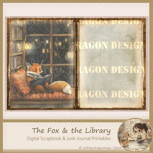 Carta per riviste Fox and the Library, digitale, uso commerciale, confezione di carta, scrapbooking, carte, volpe, volpi, libri, lettura, biblioteca,