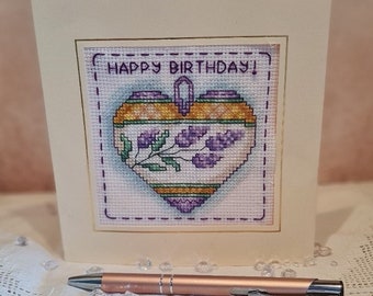 Handmade Cross Stitched Lavender Heart Happy Birthday Card 6" x 6"