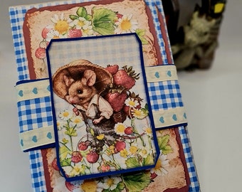 Strawberry Mice Notebook, Handmade, Junk Journal Insert, Flowers, Floral, Mice, Strawberry