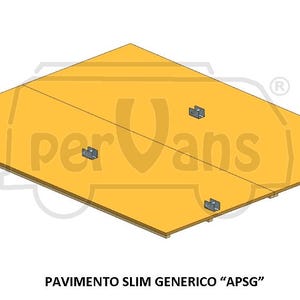 Puede incluir: Vista isométrica de un panel rectangular amarillo-naranja con cuatro soportes metálicos. El panel está dividido en dos secciones. El texto "PAVIMENTO SLIM GENERICO "APSG"" está en la parte inferior de la imagen.