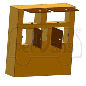 Può includere: Un mobile contenitore in legno con più scomparti e ante a cerniera. L'armadio è realizzato in legno marrone chiaro, con ante e coperchi marrone scuro. Il design include scomparti aperti e aree di stoccaggio chiuse.
