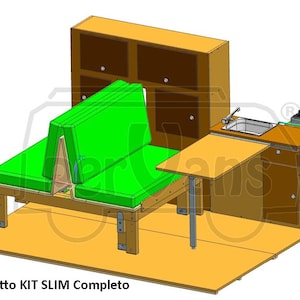 May include: A 3D rendering of a camper van interior kit. The kit includes a green cushioned bench, a cabinet with a sink and stove, a table, and overhead storage. The text "Progetto KIT SLIM Completo" is visible.