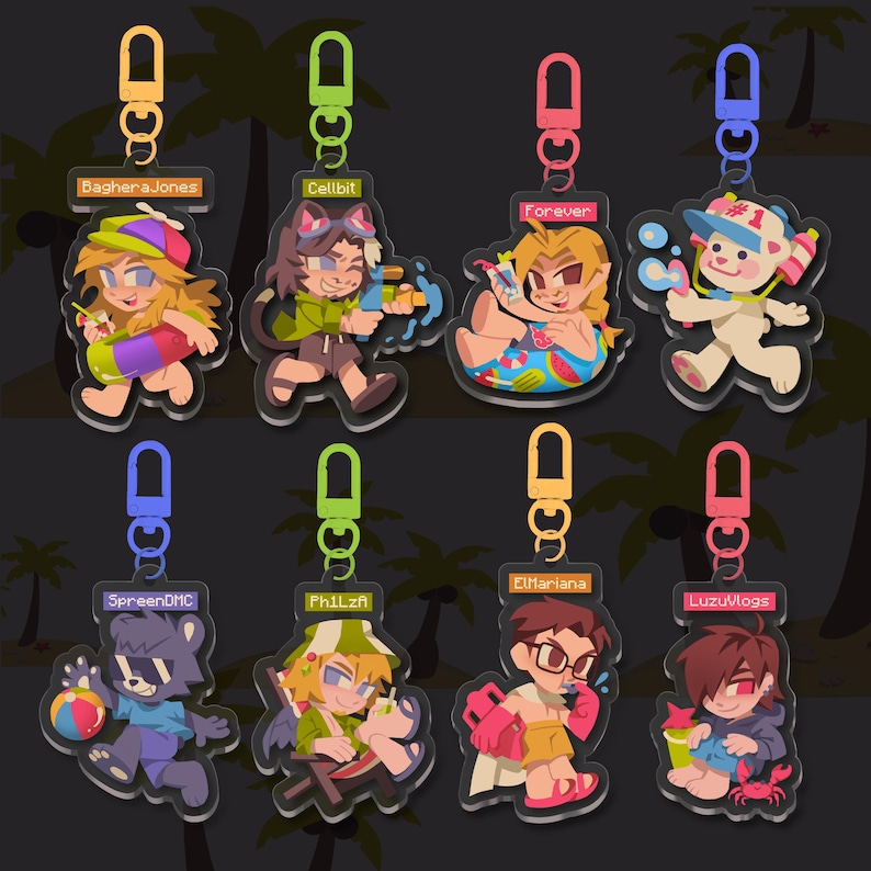 May include: Eight colorful keychains with cartoon characters on them. The keychains are shaped like a circle and have a silver metal ring at the top. Each keychain has a different character and a different color. The characters are: Baghera Jones, Cellbit, Forever, SpreenDMC, PhiLzA, ElMariana, LuzuVlogs, and a white bear. The keychains are all on a black background with palm trees.