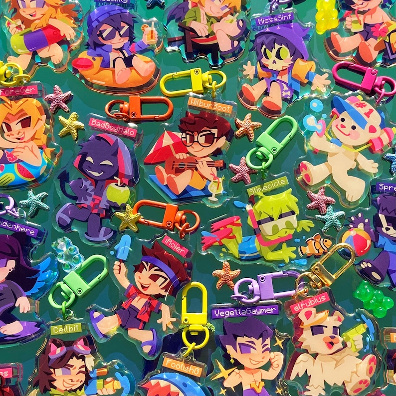May include: A collection of colorful, cartoon character keychains with summer themes. The keychains feature characters with different hairstyles, clothing, and accessories. Some of the characters are holding items such as a watermelon, a surfboard, a popsicle, and a guitar. The keychains are made of clear plastic and have a shiny finish. The text on the keychains includes 'Forever', 'BadBoghalo', 'Milbur 300t', 'Slirecicle', 'Vegettabaymer', 'elfubius', '1', 'Spre', 'denhere', 'hojen', 'Cedbit', 'Footsha', 'Missa Sinf'. 