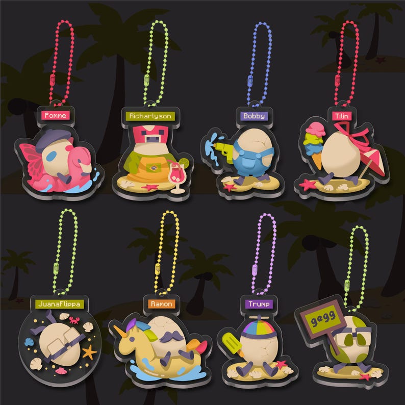 May include: Eight colorful keychains with cartoon characters on them. Each keychain features a different character with a unique design and a name tag. The characters are on a beach scene with palm trees and water. The keychains are made of clear acrylic and have a metal chain. The names on the keychains are:  Fonve, Richarlison, Bobby, Tilin, JuanaFlippa, Ramon, Trump, and 9egg.