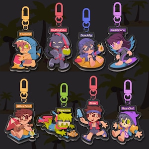 May include: Eight colorful keychains with cartoon characters on them. The characters are wearing summer clothes and are holding various summer-themed items, such as a surfboard, a watermelon, a popsicle, and a beach umbrella. The keychains are all attached to silver key rings. The text on the keychains reads: 'Foolisho', 'BadBoyHalo', 'Quackity', 'Jaidenhere', 'Wilbur Soot', 'Slimecicle', 'ihoier', and 'MissaSinf'.