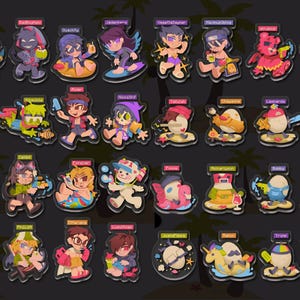 May include: A collection of 36 colorful cartoon character illustrations. Each illustration features a different character with a summer theme, such as a beach, a pool, or a tropical island. The characters are all wearing different outfits and accessories, and some are holding items like beach balls, sunglasses, and ice cream cones. The illustrations are all set against a white background.