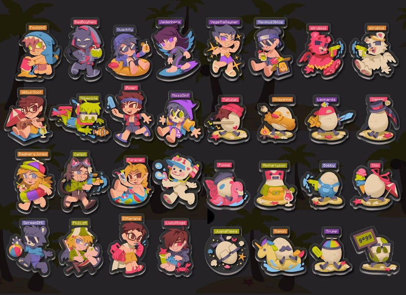 May include: A collection of 36 colorful cartoon character illustrations. Each illustration features a different character with a summer theme, such as a beach, a pool, or a tropical island. The characters are all wearing different outfits and accessories, and some are holding items like beach balls, sunglasses, and ice cream cones. The illustrations are all set against a white background.